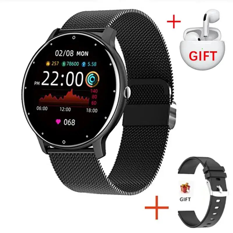 LIGE 2024 Smartwatch with black mesh band, extra strap, and GIFT-labeled earbuds on white background