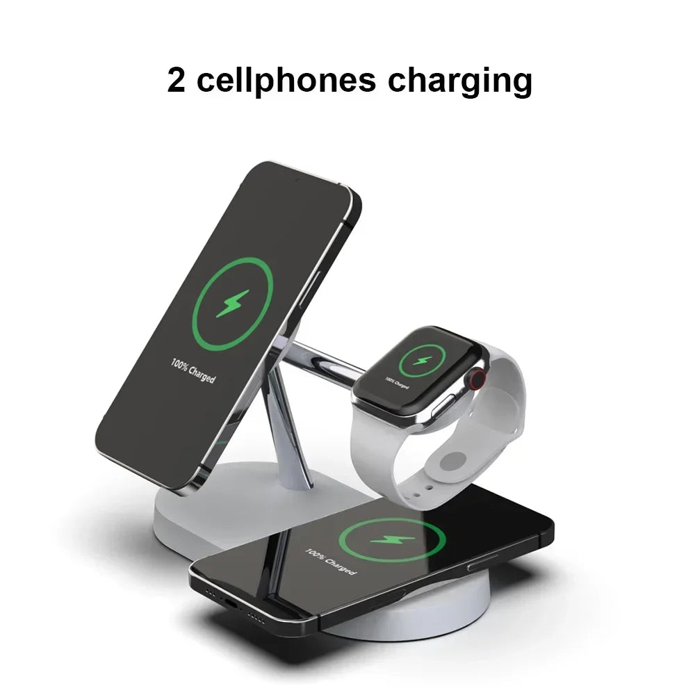 Multi-device wireless charging stand with two smartphones and a smartwatch on a white background.