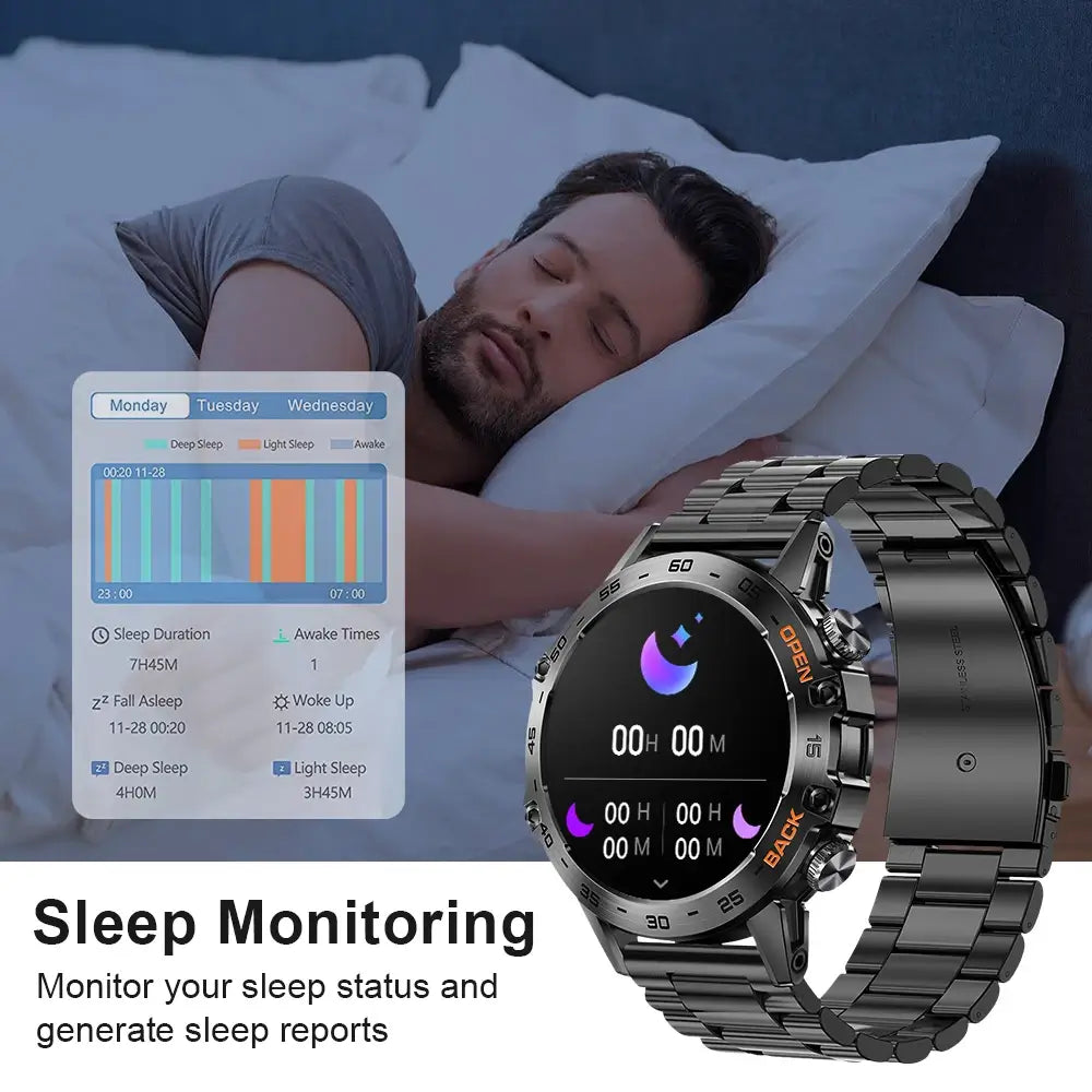 Melanda Smartwatch with sleep monitoring display alongside image of person sleeping