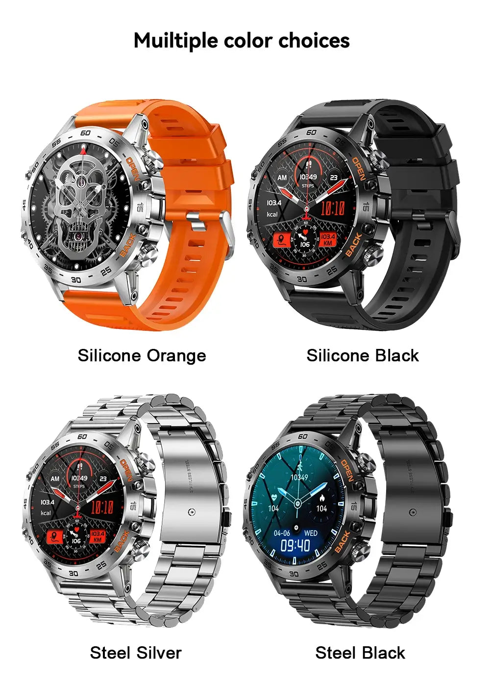 Melanda Smartwatches with four different colored bands displayed on white background