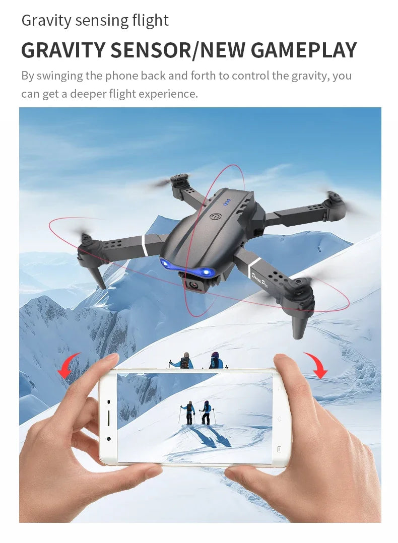 Drone with gravity sensing feature controlled by a smartphone in a snowy landscape