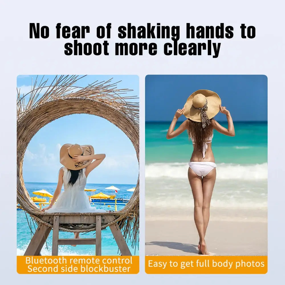 Two beach scenes with a woman in a hat and dress, one sitting and one walking, featuring text about Bluetooth remote control and full-body photos