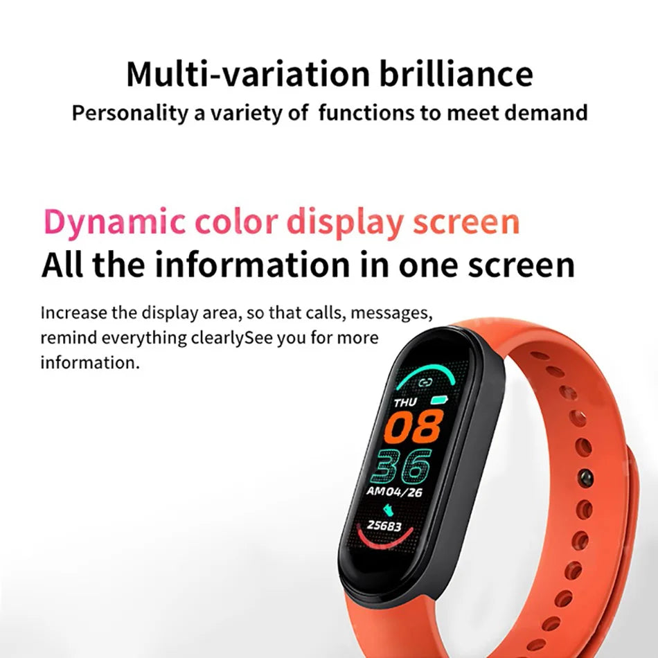 Smartwatch with orange band on a white background, displaying text about dynamic color display screen.