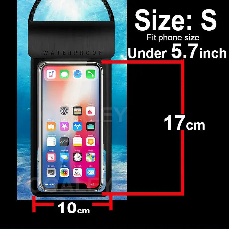 Waterproof phone case labeled size S, showing phone screen and dimensions against a water-themed background