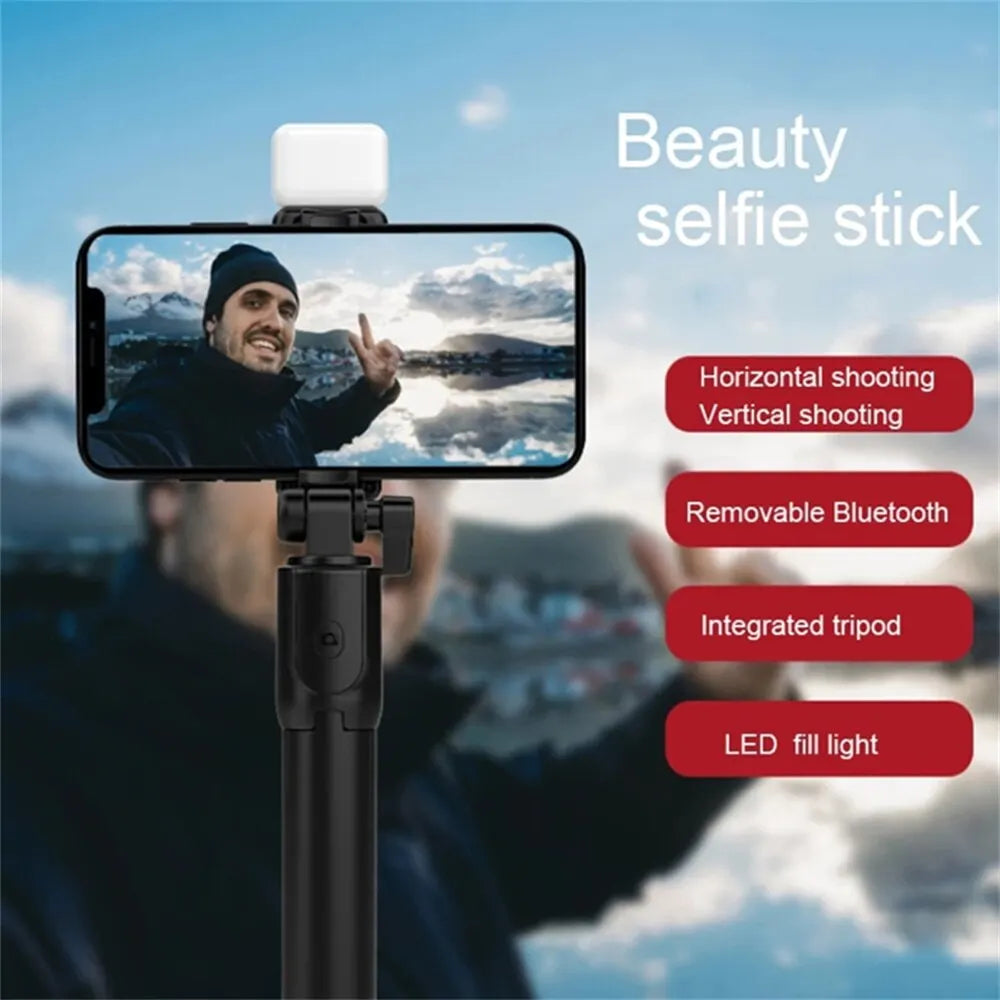 Person using a beauty selfie stick with smartphone, showing features on screen.