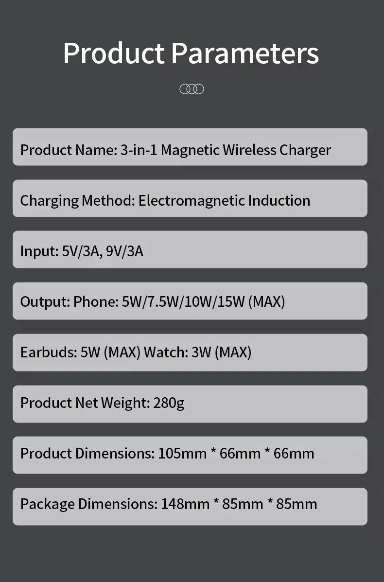 Product parameters of a 3-in-1 magnetic wireless charger on a dark background
