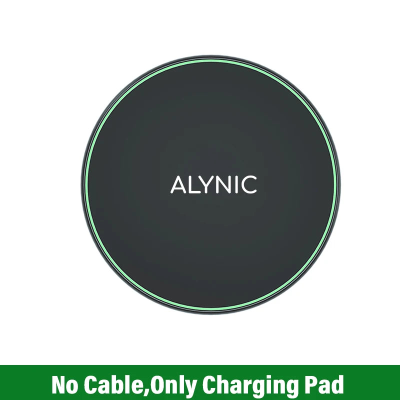 Black ALYNIC brand 30W wireless charging pad with green LED ring shown without cable included.