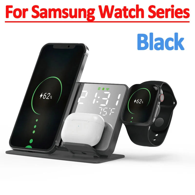 Black wireless charging stand with smartphone, smartwatch, and earbuds on a white background.
