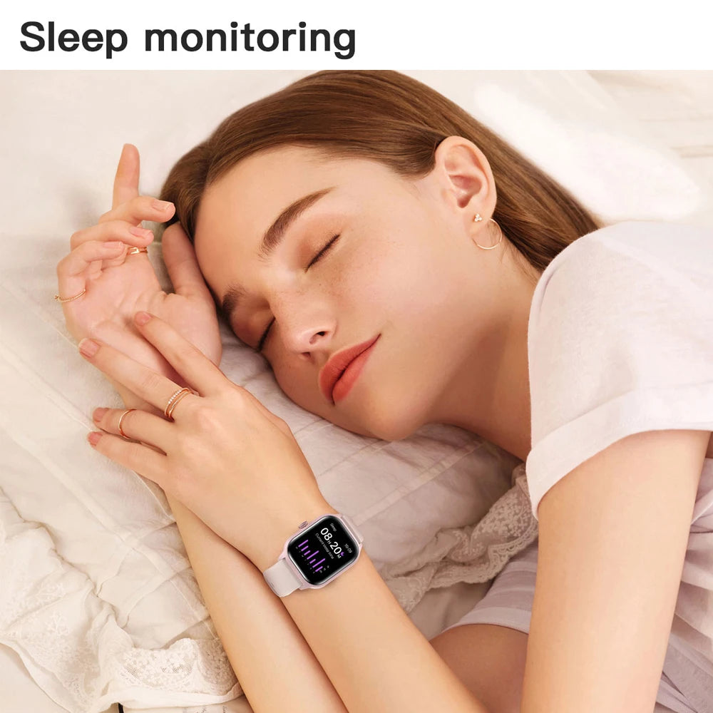 Woman sleeping with a smartwatch on her wrist, indicating sleep monitoring feature.