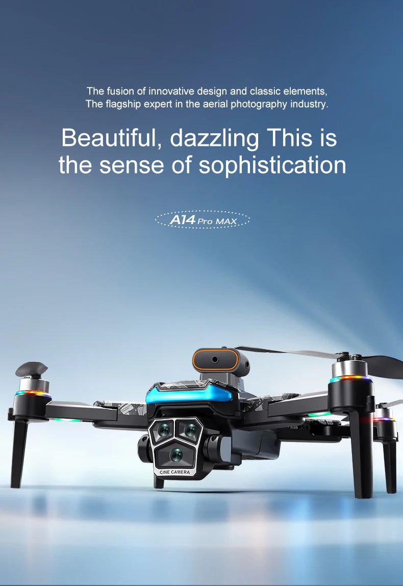 Drone with camera on a gradient blue background, featuring text about innovation and sophistication.
