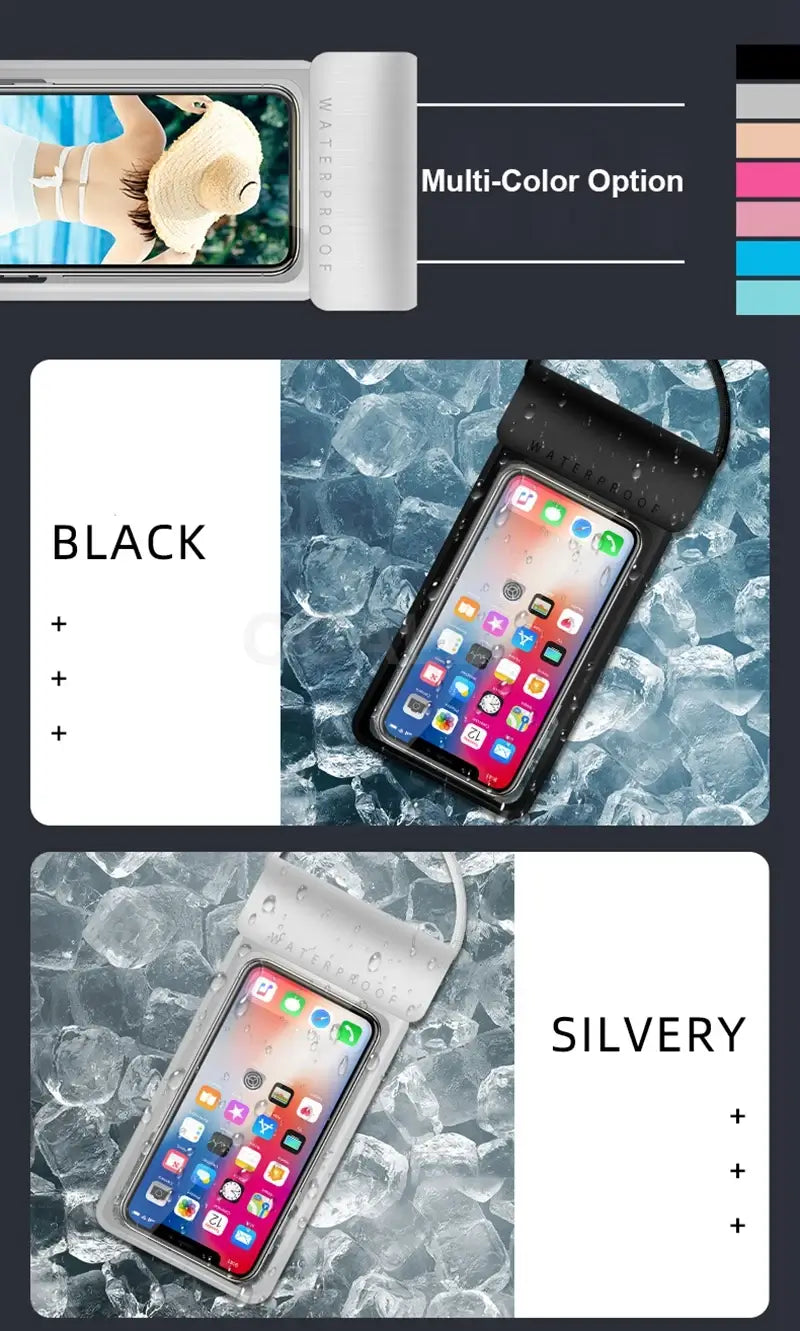 Waterproof phone case available in black and silver options on a water background