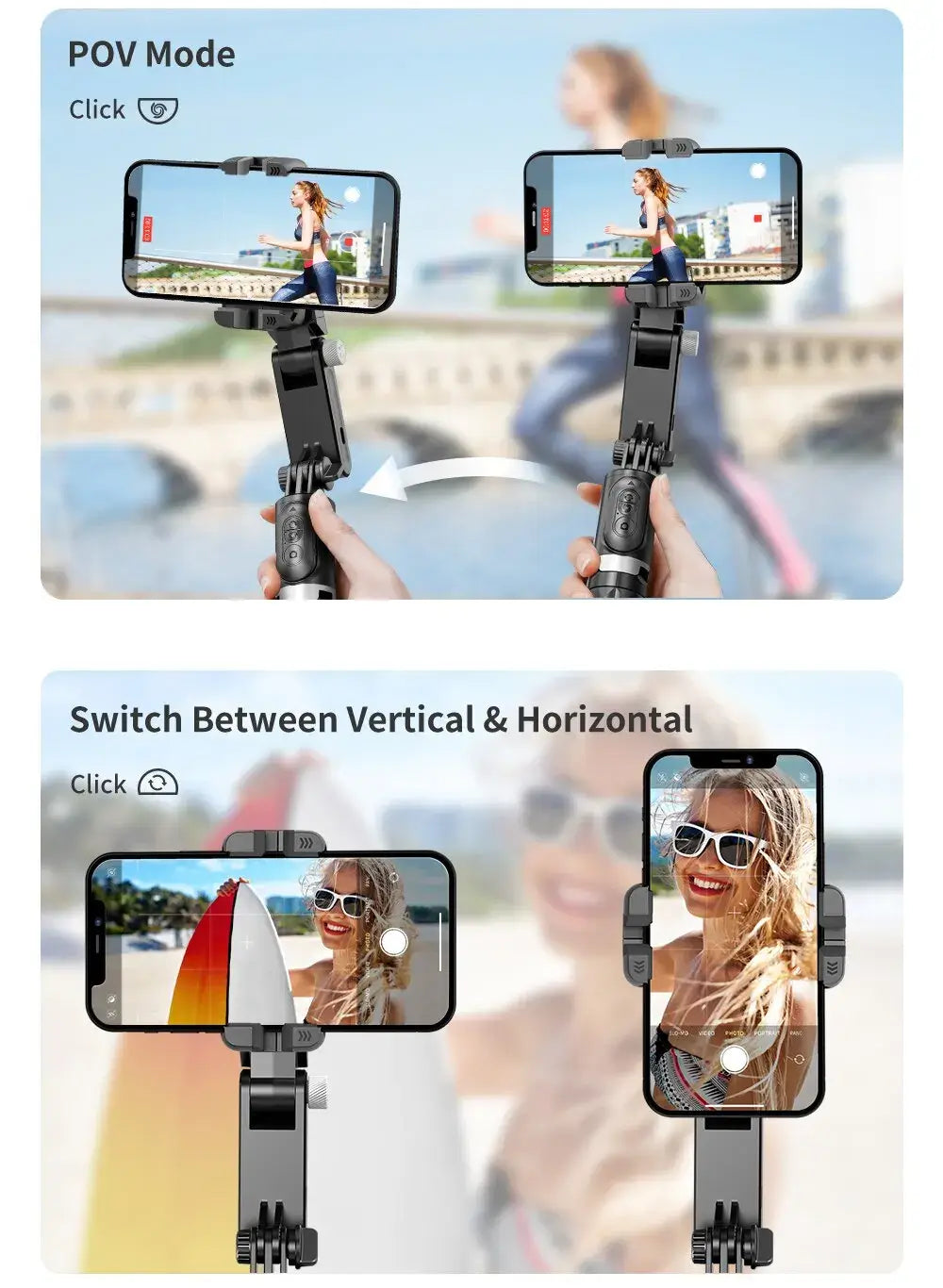 Smartphone holder with screen display showing different angles and modes.