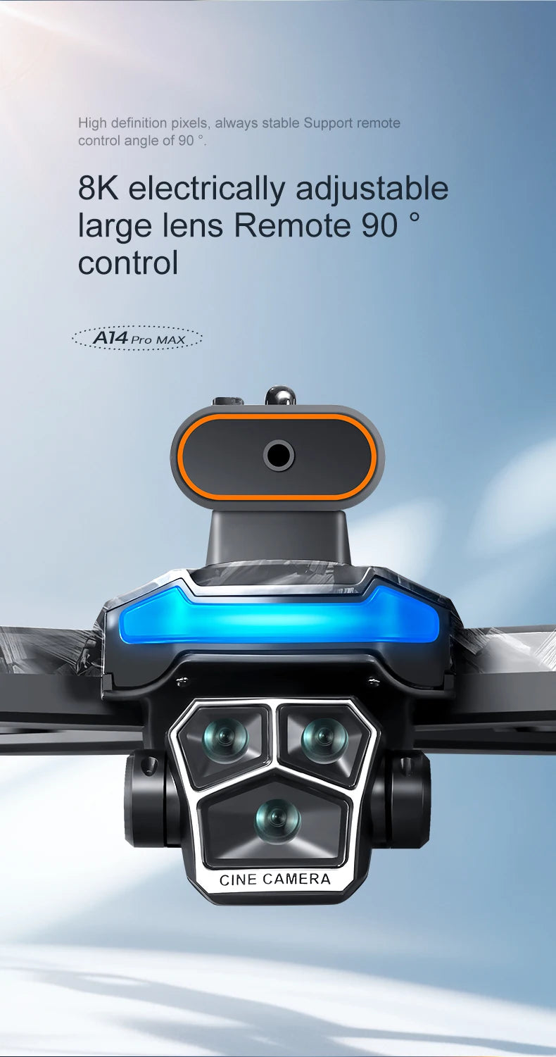 Camera module with adjustable lens on a drone, featuring text about camera specifications.
