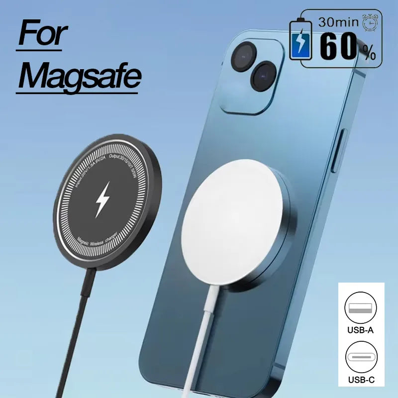 15W magnetic wireless charger pad for MagSafe with iPhone charging, USB-A and USB-C support.