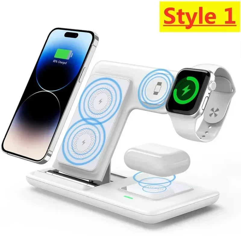 White wireless charging stand with phone, watch, and earbuds on a white background