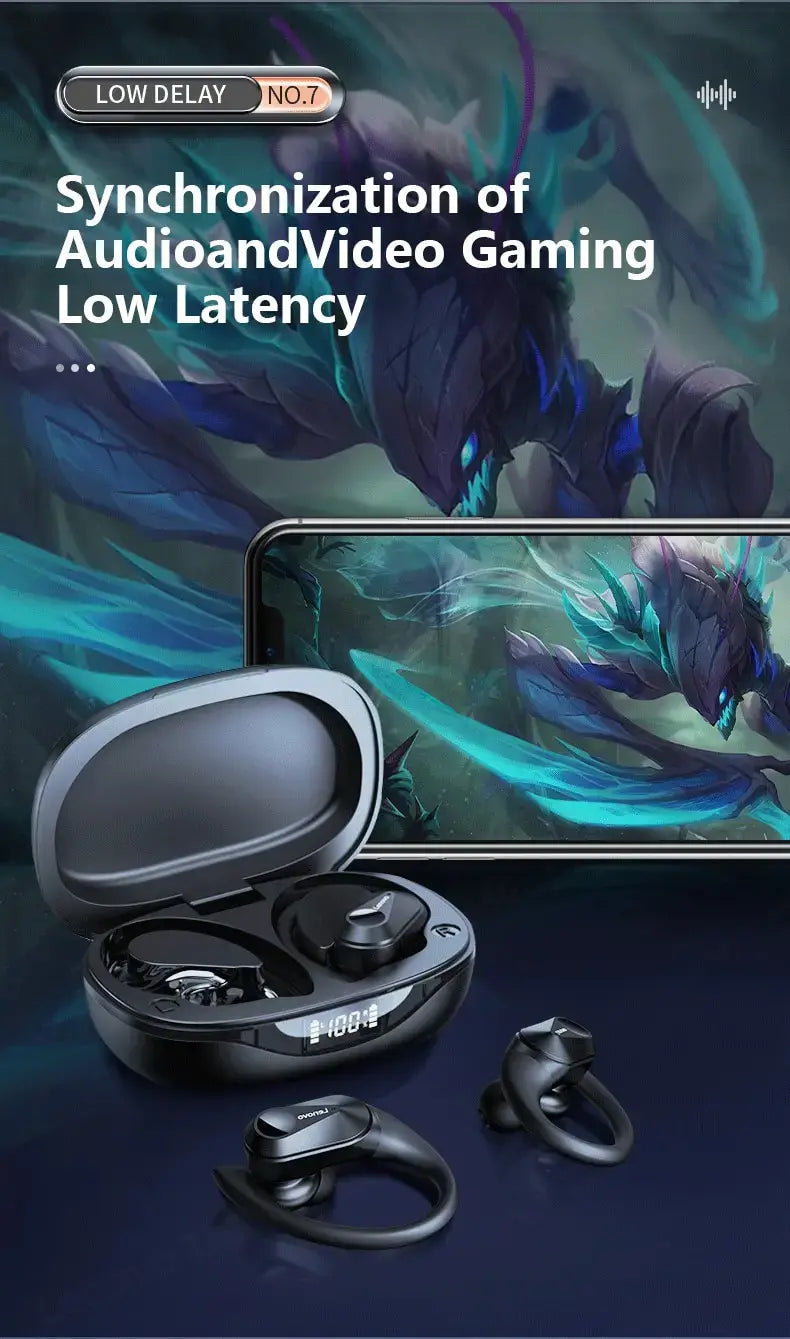 Wireless earbuds with synchronized audio and video for gaming, featuring low latency text on a dark background with a dragon illustration