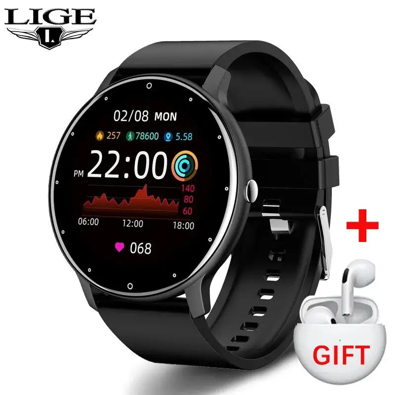 LIGE 2024 Black Smartwatch with digital display and white GIFT-labeled earbud case on white background