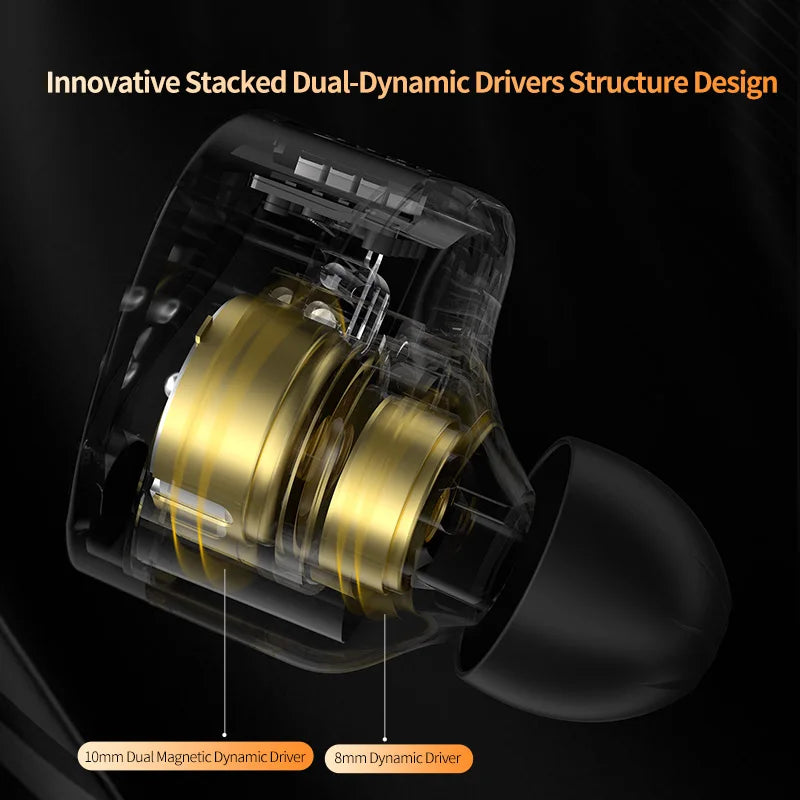 Innovative stacked dual-dynamic drivers structure design on a black background