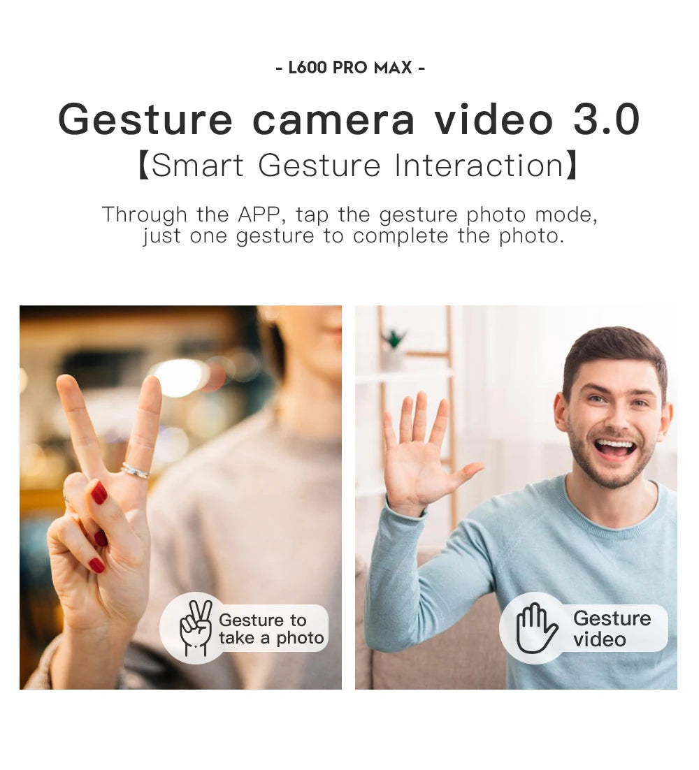 Advertisement for gesture camera video 3.0 with two people using gestures to take photos.