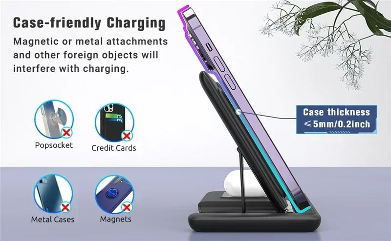 Phone charging stand with text and icons indicating case thickness and prohibited items.