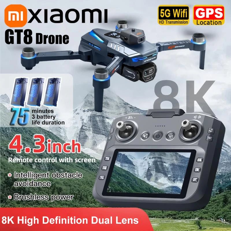 Xiaomi GT8 Drone with remote control and mountainous landscape background