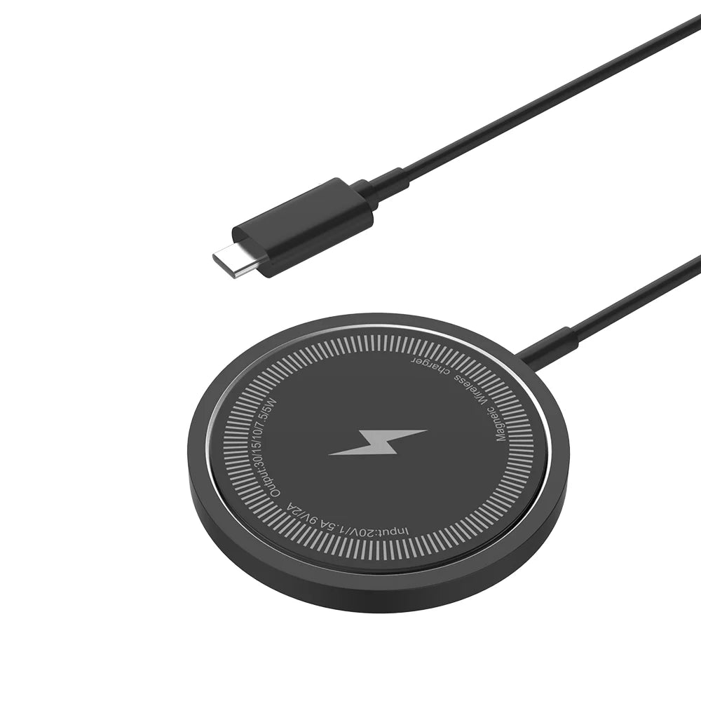 Black magnetic wireless charging pad with slim round design and USB-C connector.