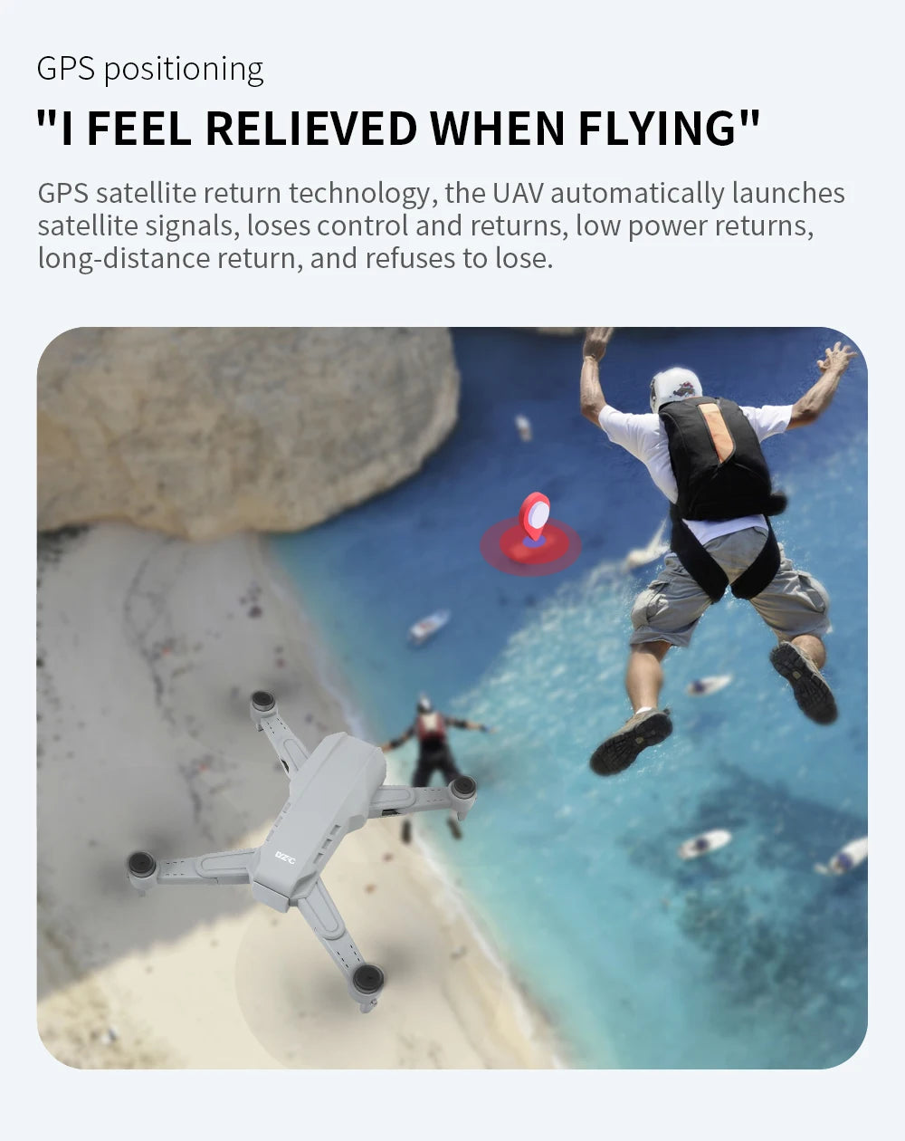 Person jumping off a cliff with a drone and text about GPS satellite return technology.