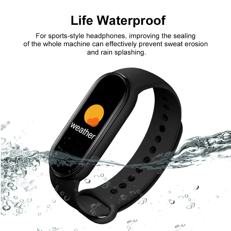 Black smartwatch with water splashes and text about waterproofing on a white background