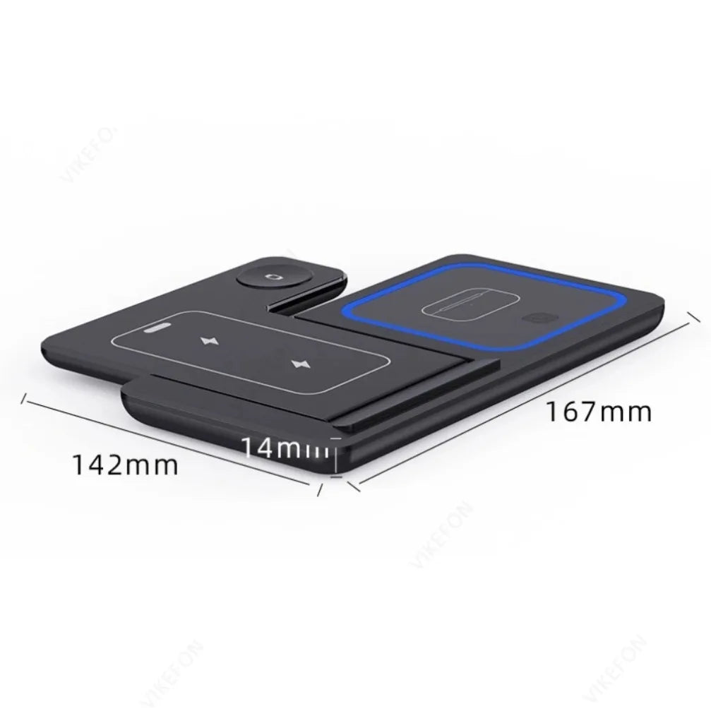 3 in 1 foldable wireless charging station dimensions showing 167mm length 142mm width and 14mm thickness.