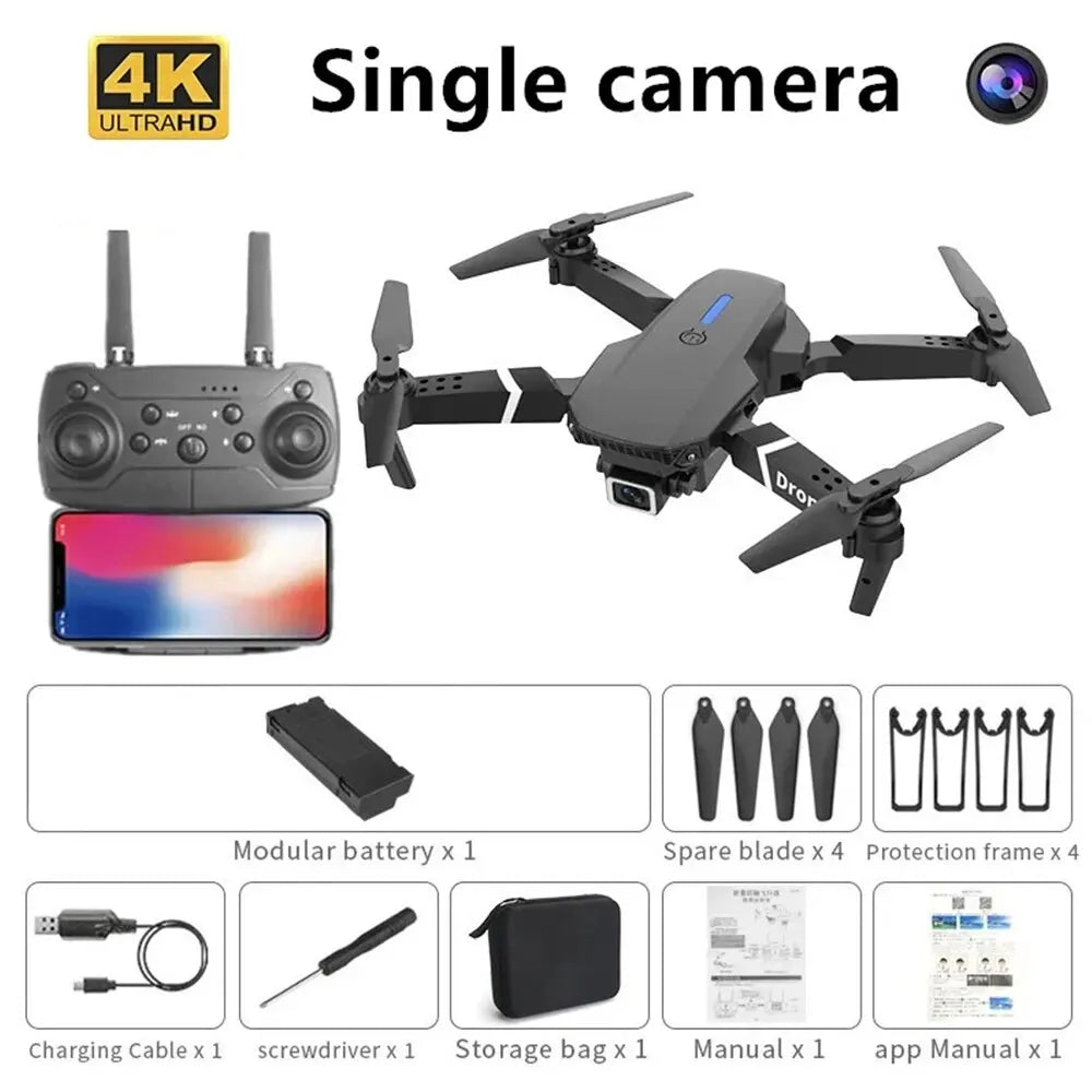 Drone with remote control, accessories, and packaging on a white background
