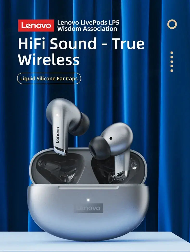 Lenovo LivePods LP5 true wireless earbuds with charging case on a blue background