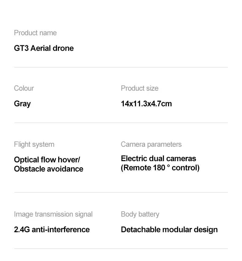 Product details of GT3 Aerial drone including color, size, flight system, camera parameters, image transmission signal, and body battery on a white background.