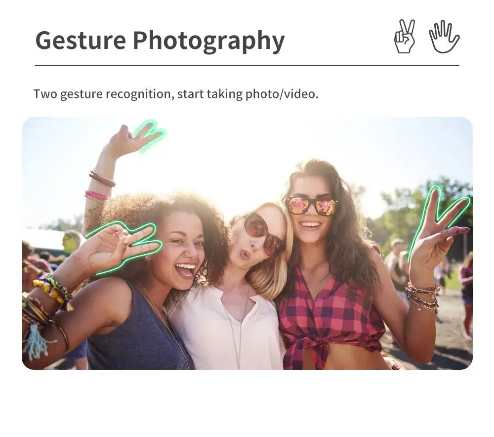 Three friends at a festival making peace signs with their hands, with gesture recognition text above.