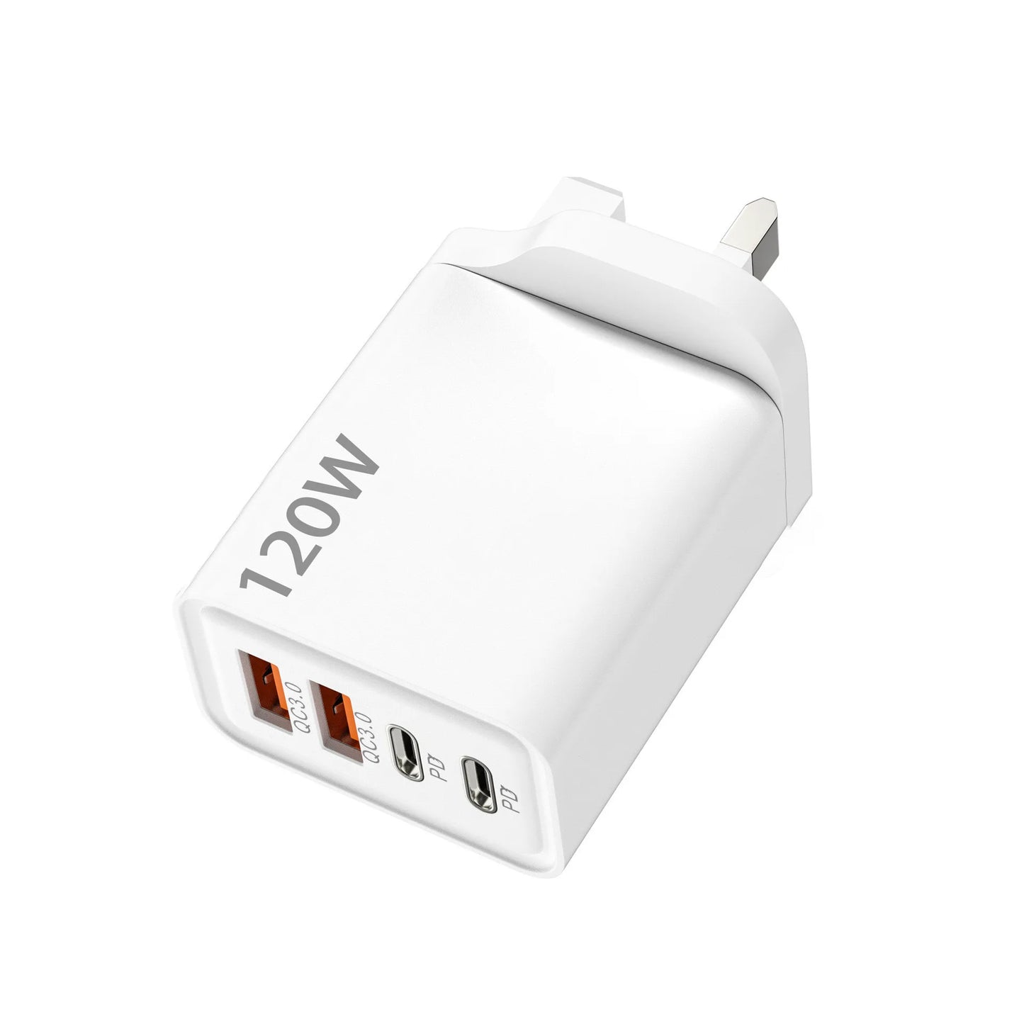 White power adapter with multiple ports on a white background