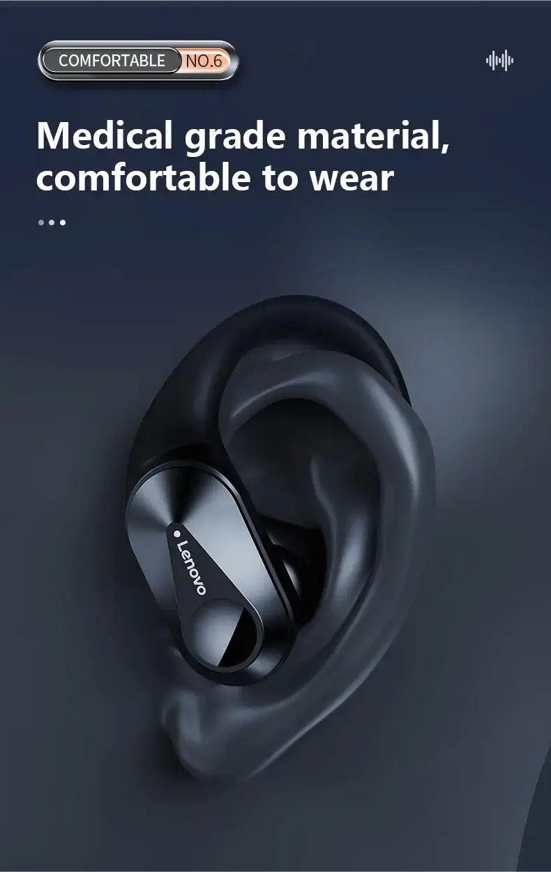 Black wireless earbuds with 'Lenovo' branding on a dark background, emphasizing comfort