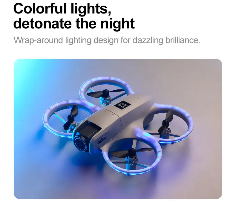 Drone with colorful lights on a gray background