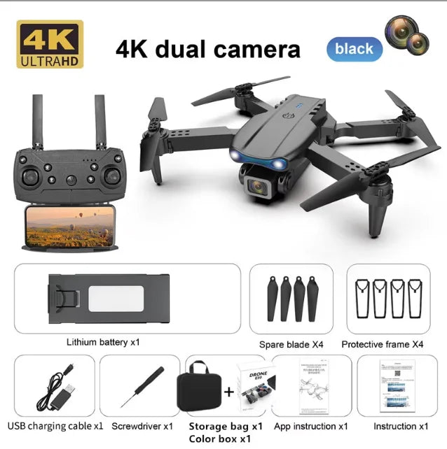 4K dual camera drone with accessories on a white background