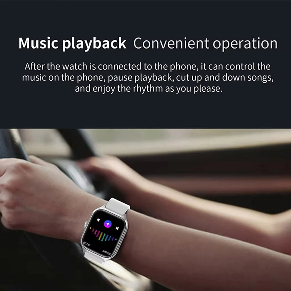 Smartwatch being worn on a wrist with text about music playback and convenient operation.