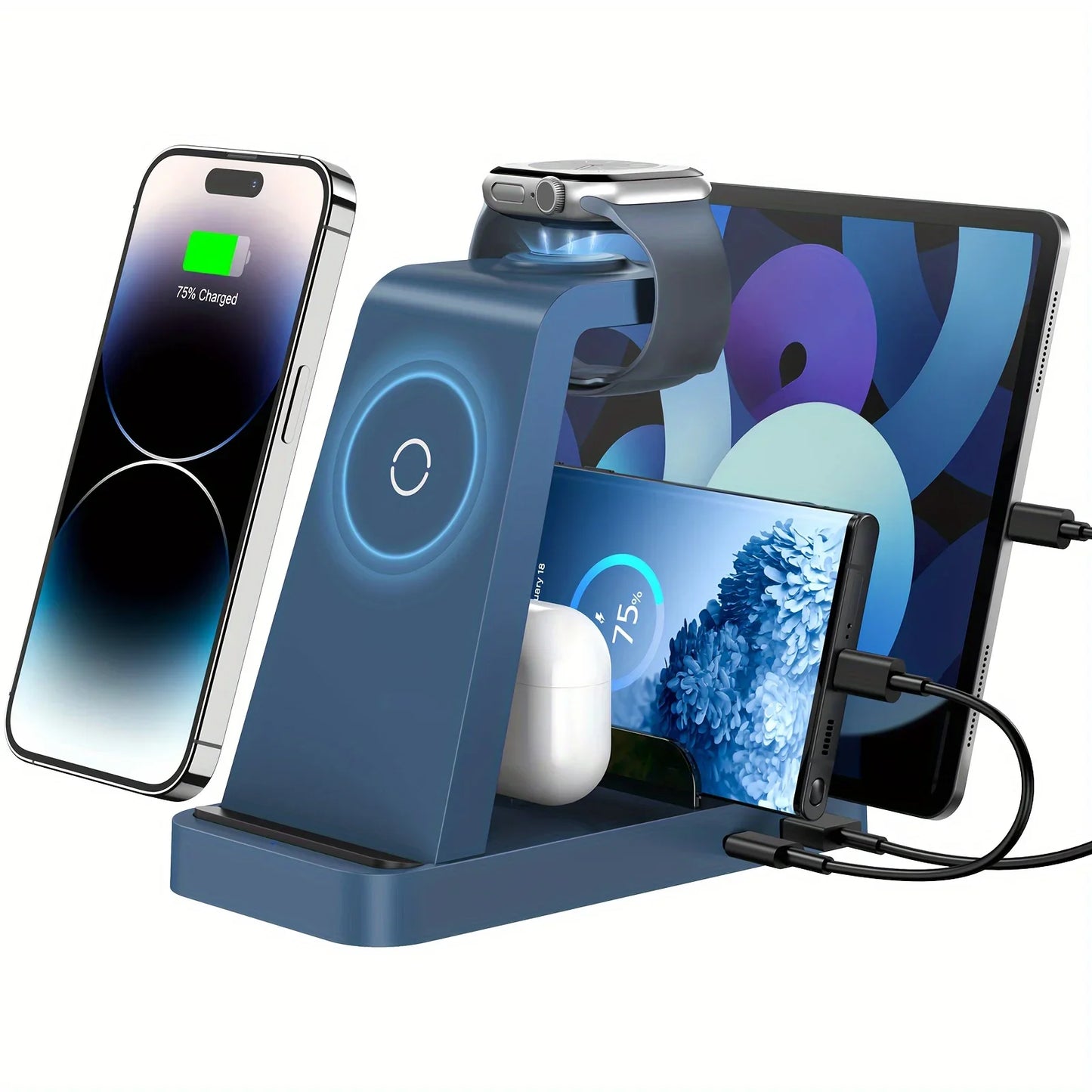 Multi-device charging station with smartphone, tablet, smartwatch, and headphones on a white background