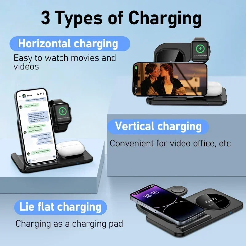 Three charging stations for devices with text explaining horizontal, vertical, and lie flat charging.