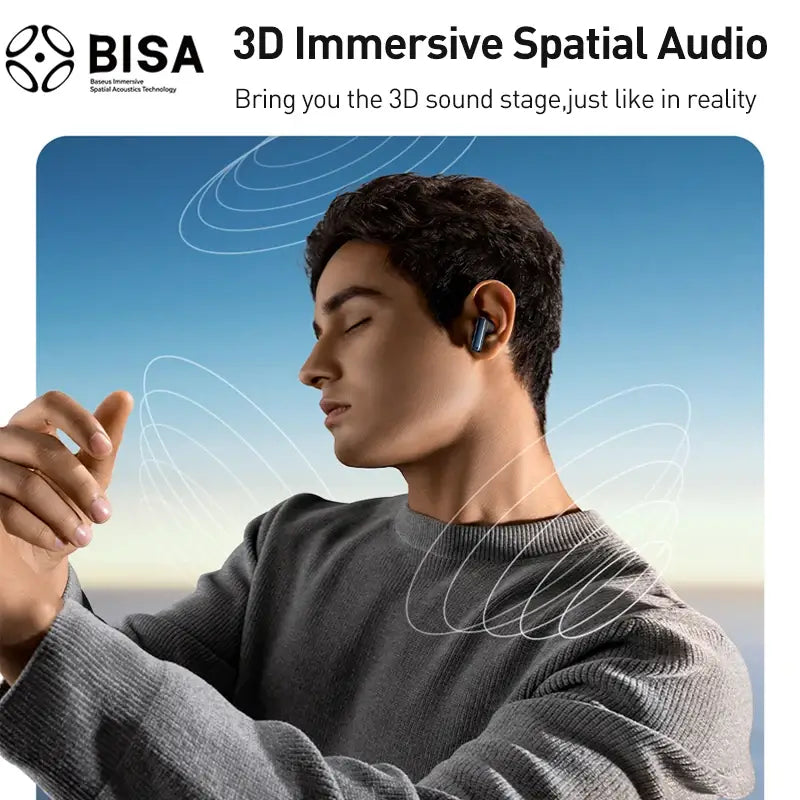 Person wearing a BISA 3D immersive spatial audio device with a scenic background