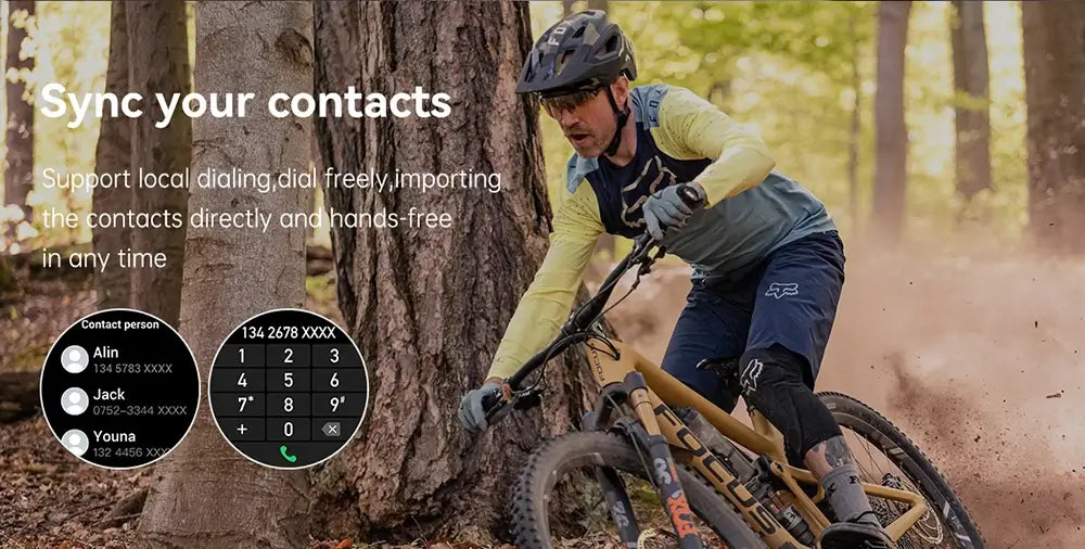 Biker in forest with smartphone interface overlay displaying contact information and connectivity features