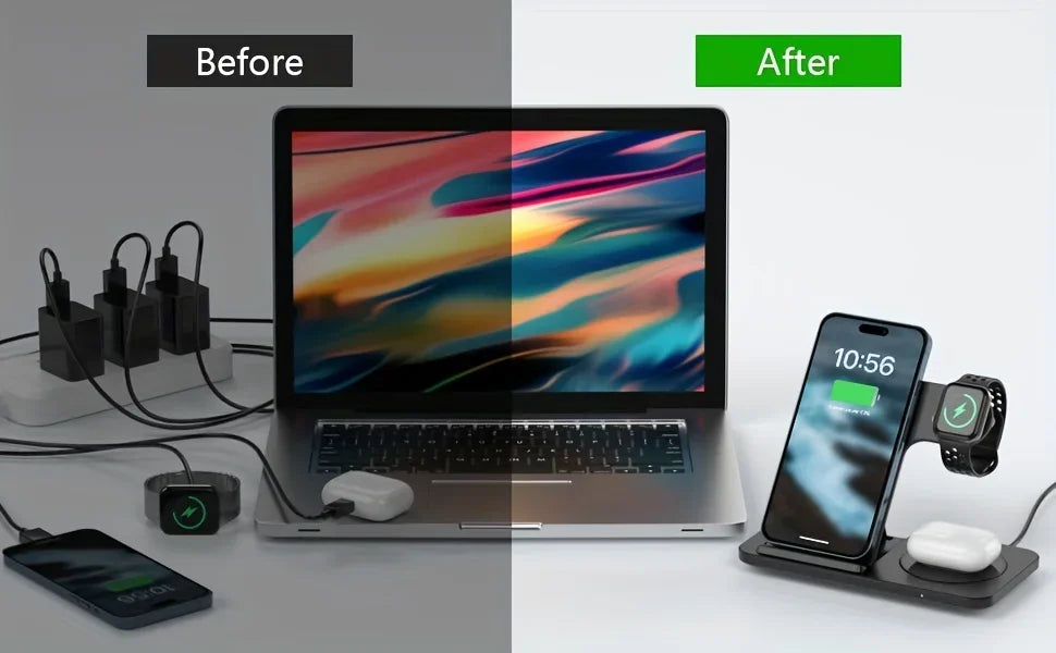 Before and after comparison showing cluttered multiple chargers versus 3 in 1 wireless charging station neatly charging iPhone Apple Watch and AirPods.