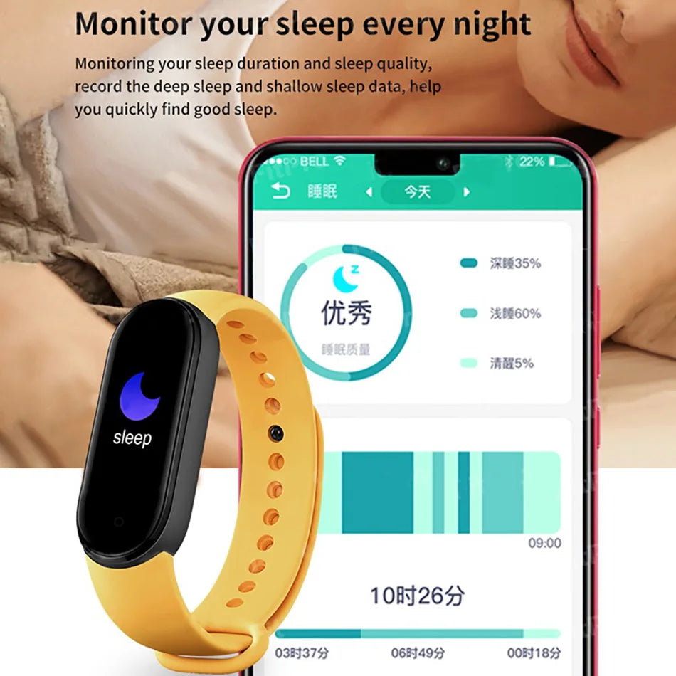 Smartwatch with yellow band and smartphone displaying sleep monitoring app on a white background