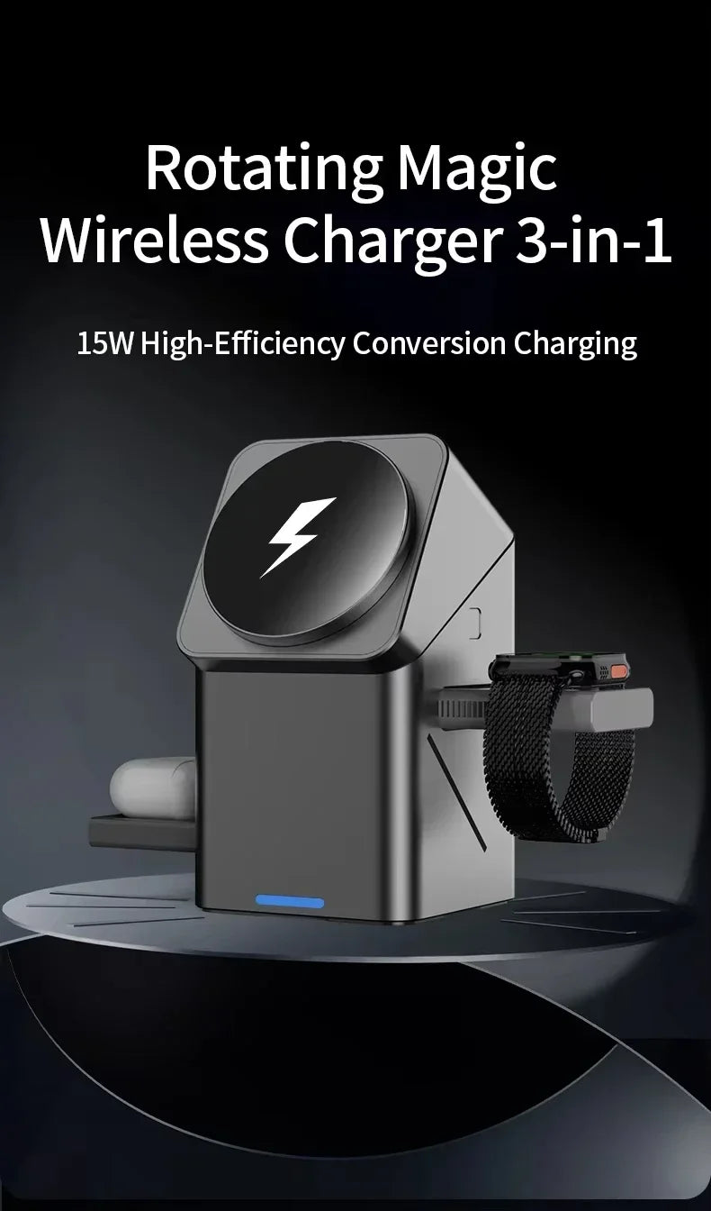 Rotating magic wireless charger 3-in-1 with text on a dark background