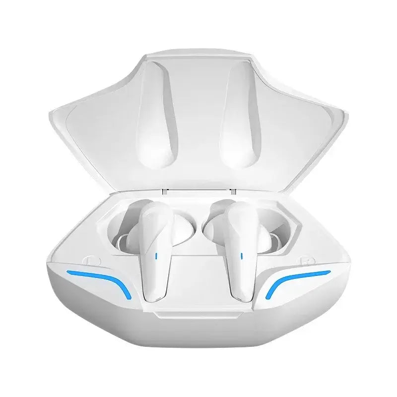 White wireless earbuds with blue accents in a transparent charging case displayed on a white background