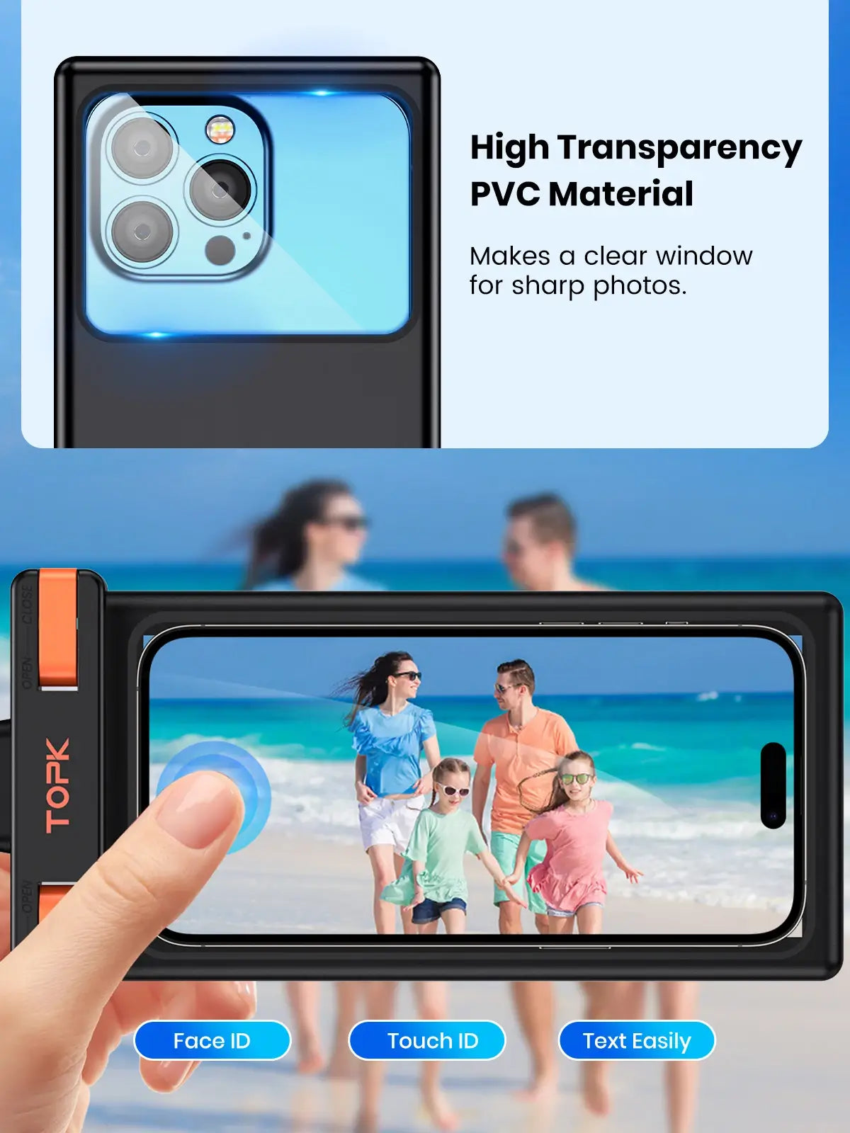 Waterproof phone pouch with high-transparency PVC material, displaying a family on a beach
