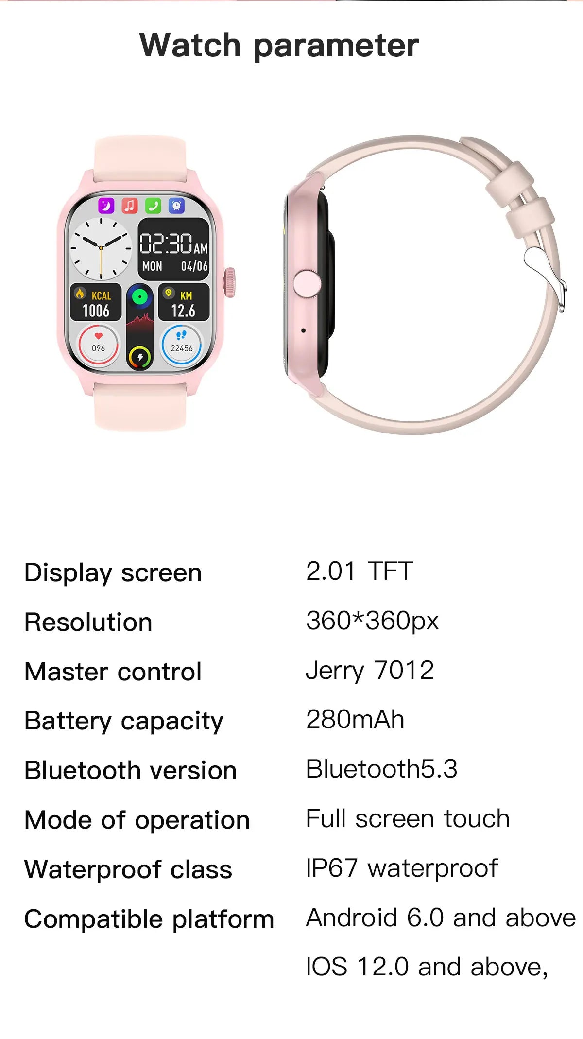 Smartwatch with detailed specifications listed on a white background