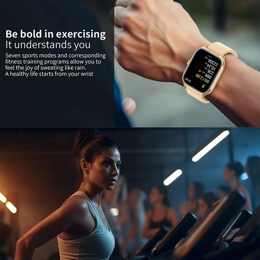 Smartwatch on a wrist with fitness tracking display, and a woman exercising in a gym.