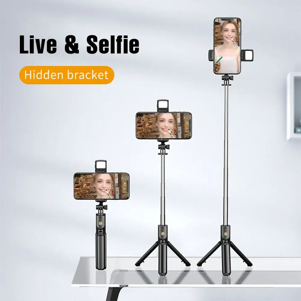 Wireless phone holder with tripod and hidden bracket on a white background